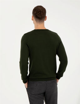 Koyu Ye_il Slim Fit Bisiklet Yaka Basic Triko Kazak