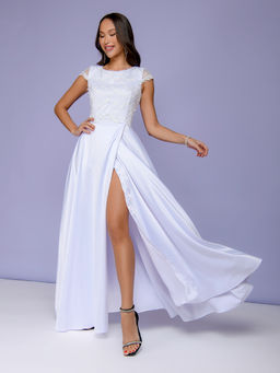 Платье белое длины макси с вышивкой и разрезом на юбке - 1001dress фото 6