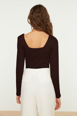 TRENDYOLMILLA Siyah Kare Yaka Uzun Kollu Fitilli Esnek C?tc?tl? Orme Body TWOAW21BD0022  фото 13