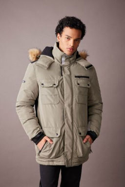 Su Itici Slim Fit Dar Kesim Kapusonlu Suni Kurklu Polar Astarl? Fermuarl? Cepli Mont Parka