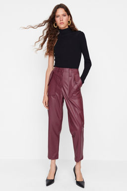 Limited Edition Bordo Havuc Dokuma Onden Dugmeli Suni Deri Pantolon TWOAW22PL0083
