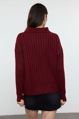 Bordo Yumusak Dokulu Polo Yaka Triko Kazak TWOAW24KZ00678