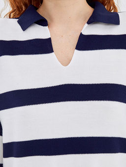 Polo Yaka ?izgili Oversize Kad?n Triko Kazak