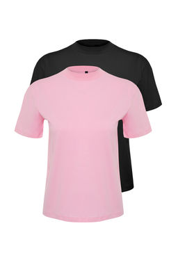 Pembe-Siyah 2li Paket %100 Pamuk Basic Dik Yaka Orme T-Shirt TWOSS20TS1500
