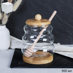 Банка для меда с ложкой на подставке бамбуковая крышка 500 мл / 7278 /уп 100/*