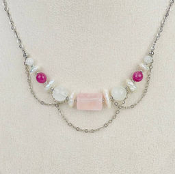 Колье на цепочке из Розового кварца, Лунного камня и Жемчуга 40 см +