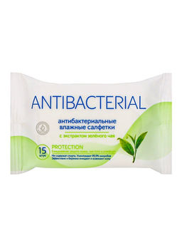 Цена за 10 шт. Влажные салфетки антибактериальные, с экстрактом зелёного чая, 15 шт.