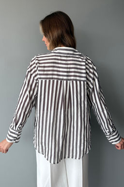 Kahverengi Bej Cizgili Oversize Gomlek TWOAW26GO00093