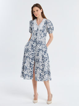 Платье из хлопка с кружевным воротником OD-948-2 белые цветы на синем