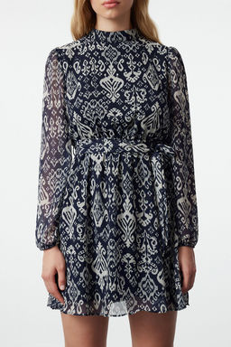 Lacivert Kusakl? Etegi Volanl? Boho Astarl? Sifon Mini Dokuma K?sl?k Elbise TWOAW24EL00665