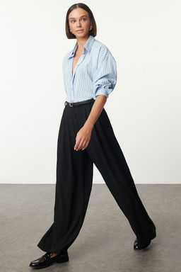 Siyah Kemerli Pilili Wide Leg/Extra Genis Paca Dokuma Pantolon TWOAW25PL00032 Palazzo