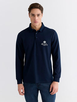 Polo Yaka Bask?l? Erkek Sweatshirt