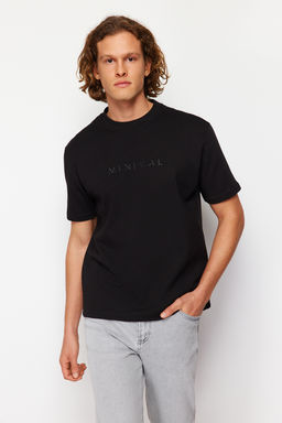 Siyah Oversize/Genis Kesim Kabar?k Yaz? Bask?l? K?sa Kollu Tok Kumasl? T-Shir TMNSS24TS00114