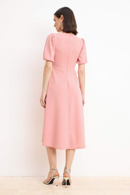 Ac?k Pembe Duz Etegi Belden Ac?lan Fiyonklu Orme Finike Midi Astars?z S?k/Gece Elbise