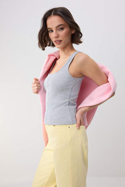 Wardrobe Essentials-Gri Melanj Fitted/Vucuda Oturan C?tc?tl? Esnek Orme Bluz TWOSS26BZ00073