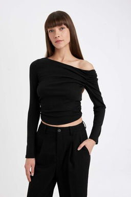K?rm?z? Slim Fit Dar Kesim Tek Omuzlu Ribana Basic Duz Uzun Kollu Tisort - Defacto фото 2