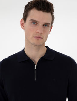 Lacivert Slim Fit Fermuarl_ Polo Yaka Basic Triko Kazak