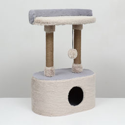 Домик для кошек с когтеточкой, с овальной полкой, 54 х 34 х 80 см, пушистый мех, джут, серый - Пижон фото 10