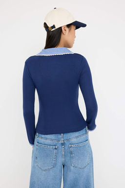 Teen Lacivert Ekose/Kareli Fitted/Vucuda Oturan Dokuma Detayl? Orme Bluz TWOAW26BZ00008 - Trendyolmilla фото 4