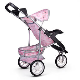 Коляская кукольная металлическая, 3-х колесная, с корзиной, козырьком и столиком