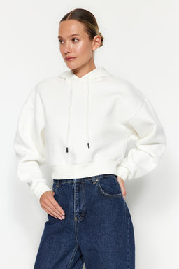 TRENDYOLMILLA Ekru Kal?n Ici Polarl? Kapusonlu Rahat Kesim Crop Basic Orme Sweatshirt TWOAW24SW00105  фото 14