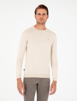 Bej Slim Fit Bisiklet Yaka Basic Triko Kazak
