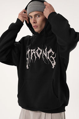 Siyah Oversize/Geni_ Kesim __i Polarl_ Kap__onlu Yaz_ Nak__l_ Sweatshirt TMNAW24SW00029