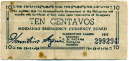 Банкнота 10 сентаво 1943 года Филиппины (Минданао, Администрация США)