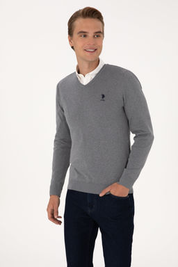 Erkek Slim Fit V Yaka Gri Melanj Basic Kazak - U.s. polo assn фото 8