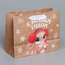 Пакет подарочный новогодний крафтовый горизонтальный «Хлопушки», MS 23 х 18 х 10 см
