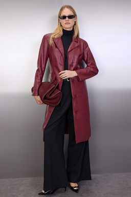 Bordo Suni Deri Mono Kapama Regular Uzun Kaban TWOAW26KB00010 - Trendyolmilla фото 4