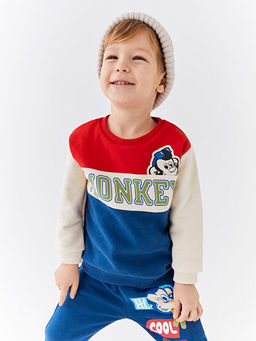 Bisiklet Yaka Uzun Kollu Nostaljik Maymun Bask?l? Erkek Bebek Sweatshirt