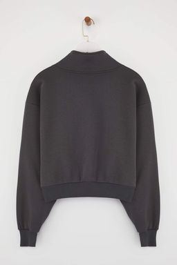 Antrasit Rahat Kesim Crop Fermuarl? Dik Yaka Kal?n Ici Polarl? Orme Sweatshirt TWOAW24SW00221