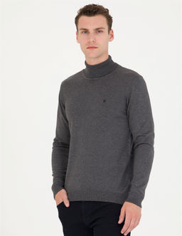 Gri Melanj Slim Fit Bal_k__ Yaka Basic Triko Kazak