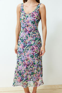 Cok Renkli Cicekli Sifon Astarl? Midi Dokuma Elbise TWOSS24EL00496 - Trendyolmilla фото 4