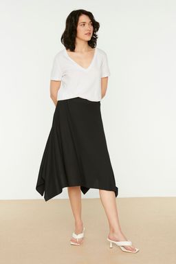Siyah Volanl? Asimetrik Yuksek Bel Midi Esnek Orme Etek TWOAW20ET0440