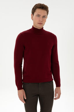 Erkek Slim Fit Yar_m Bo_azl_ Bordo Basic Kazak