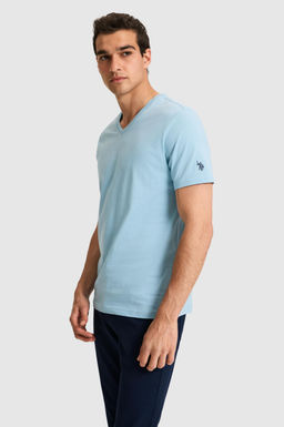 Erkek Regular Fit V Yaka Mavi Basic Ti__rt