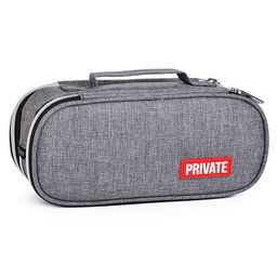 Пенал "Private" 22x9x8 см, овальный для 100 предметов, 3 отделения на молнии, 2 отделения с внутренним органайзером, текстильный, с ручкой, с каучуковой аппликацией, серый