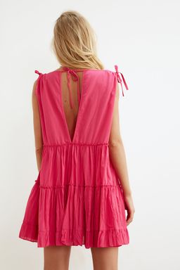 TRENDYOLMILLA Sar? Genis Kal?p Dokuma %100 Pamuk F?rf?rl? Mini Plaj Elbisesi TBESS21EL1247  фото 23