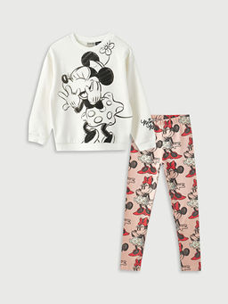Bisiklet Yaka Minnie Mouse Bask?l? Uzun Kollu K?z ?ocuk Sweatshirt ve Tayt
