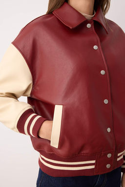 Bordo-Krem Oversize Kal?p Suni Deri Kolej Bomber Ceket Mont TWOAW26MO00006 - Trendyolmilla фото 4