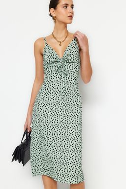 Mint Puantiye Bask?l? Burumcuk Belden Ac?lan/Skater Ask?l? Midi Orme Elbise TWOSS23EL01454