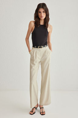 Bej Wide Leg/Genis Paca Pilili Dokuma Pantolon TWOAW22PL0475