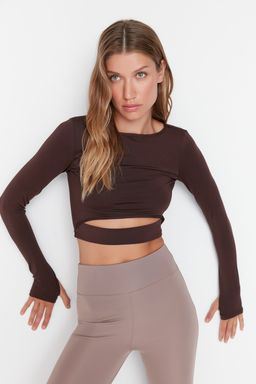Koyu Kahverengi Crop Pencere/Cut Out ve Bas Parmak Delik Detayl? Orme Spor Ust/Bluz TWOAW21BZ0156