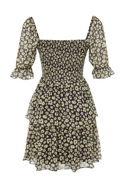 Siyah Cicekli Etegi Volanl? Skater/Belden Ac?lan Sifon Mini Astarl? Dokuma Elbise TWOSS22EL2772
