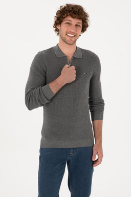 Erkek Regular Fit Fermuarl_ Gri Melanj Basic Kazak