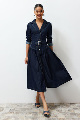 Trendyolmilla Mavi Kemerli Ceket Yaka Maxi Denim Elbise TWOSS24EL00776