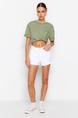 TRENDYOLMILLA Beyaz Y?rt?kl? Normal Bel Denim Sort TWOSS23SR00154 фото 3