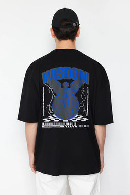Trendyolmilla Man Siyah Oversize/Genis Kesim S?rt Yaz? Bask?l? %100 Pamuk T-Shirt TMNSS25TS00085  фото 2